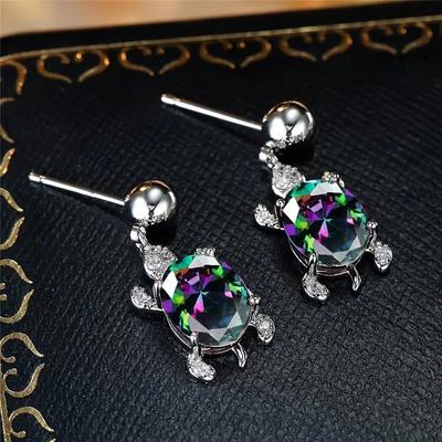 Huitan Dainty Little Turtle Pendant Earrings Lady Chic Fancy Jewelry with Bright Colorful Zirconia Delicate Daily Accessories