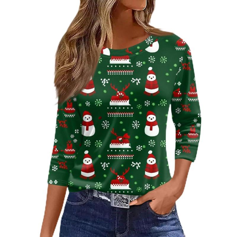 Women's 3D Snowman Printed Christmas Theme Round Neck Long Sleeve T-shirt Casual Comfortable Polyester Christmas Party Pullover