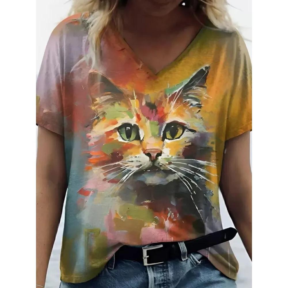 Summer V-neck Funny Cat Pattern 3D Printed Top Fashionable Casual Short Sleeved Women's T-shirts
