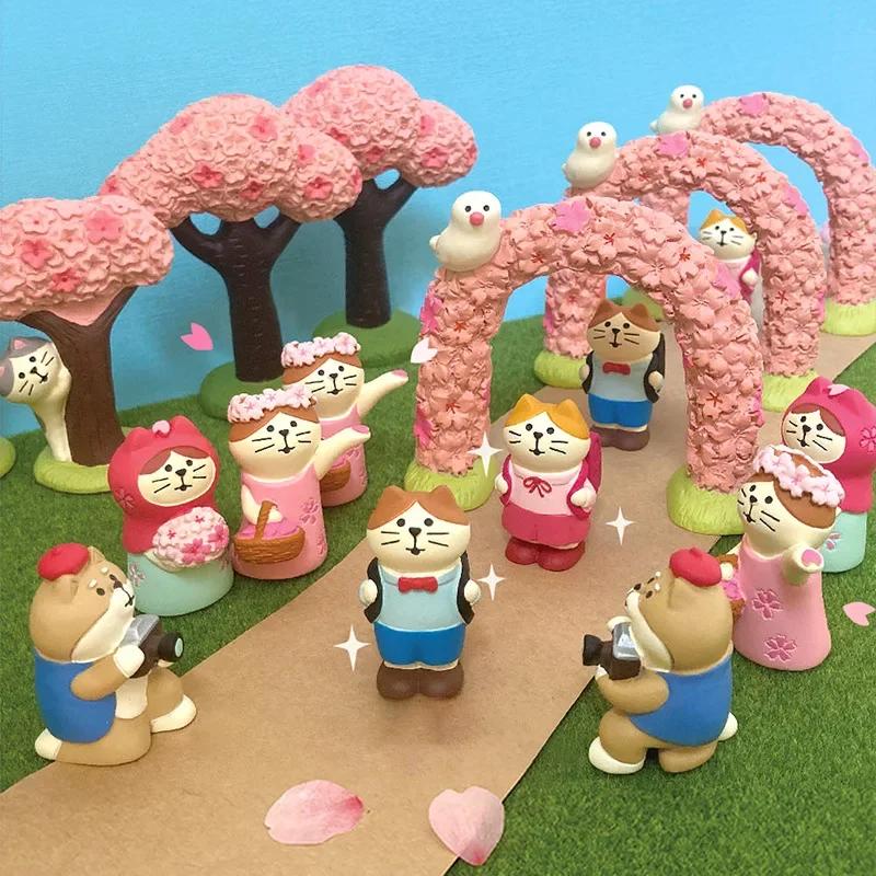 Lovely Sakura Blossom Resin Miniature Spring Day Scene Decoration Crafts Kawaii Cat with Schoolbag Pink Cherry Bookshelf Decro