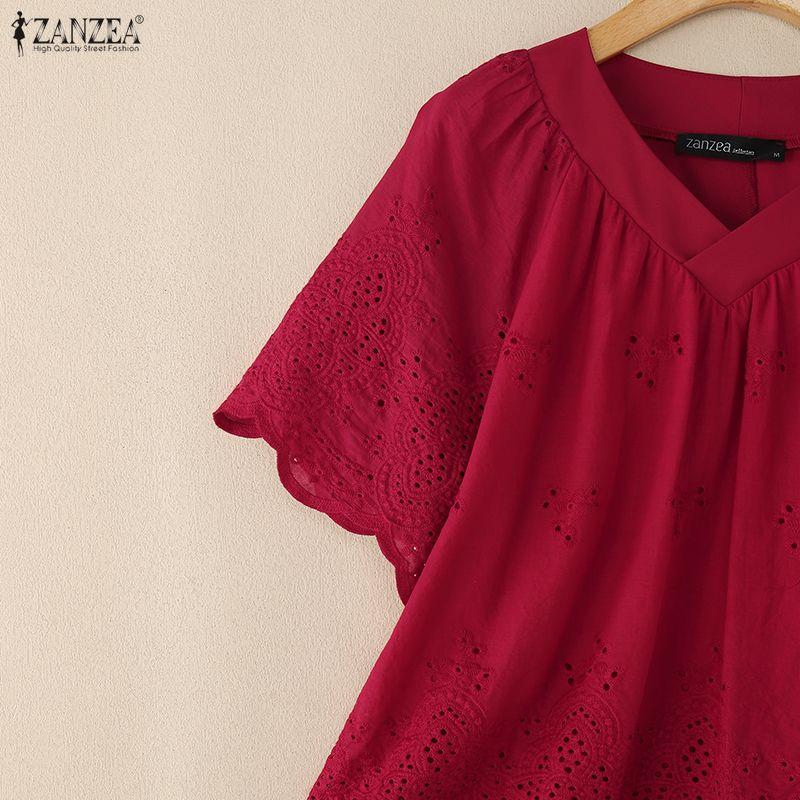 ZANZEA Women Casual V-Neck Short Sleeve Patchwork Crochet Blouse