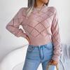 Autumn and Winter Hollow Plaid Long-sleeved Navel-baring Knitted Sweater