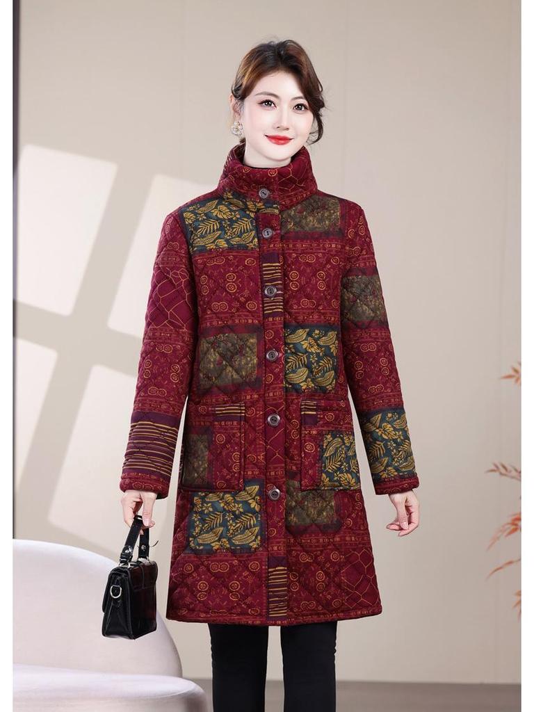 Floral Mid-Length Winter Cotton Jacket for Middle-Aged and Elderly Women - Warm and Stylish Outerwear.