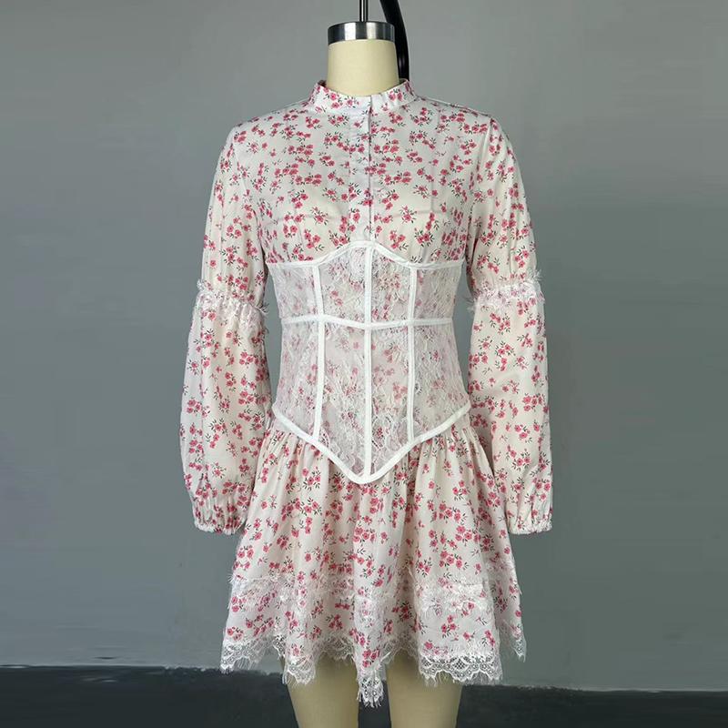 Rochie florală cu mânecă lungă, cu decolteu în V adânc, imprimeu, pentru femei, dantelă, mozaic, talie înaltă, mini rochii subțiri, pentru femei, la modă de stradă, la petrecere, rochie elegantă de vacanță