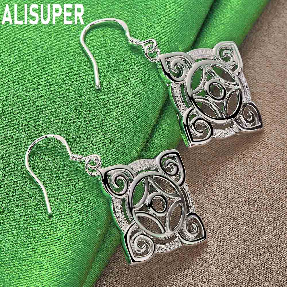 925 Sterling Silver Auspicious Square Ruyi Openwork Earrings - Fashion Gift Jewelry
