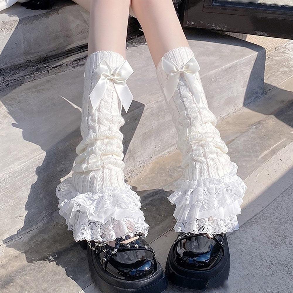 Ruffled Design Knitted Leg Warmer Lace Trim Calf Warmers Elegant Lace Lolita Socks  Japanese Style