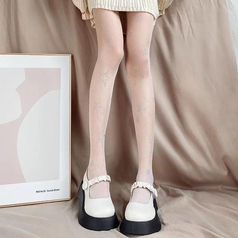 2025 Fashion Star Rhinestone Fishnet Tights Women Sexy Sheer Pantyhose Thigh High Stockings Office Ladies See-through Leggings