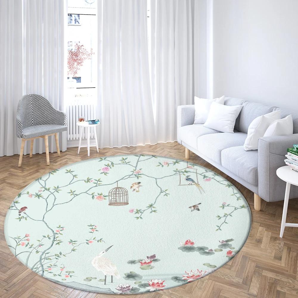 Flower and Bird Illustration Round Rug Pink Peach Blossom Carpet for Living Room Bedroom Floral Chair Rugs Non-slip Floor Mat