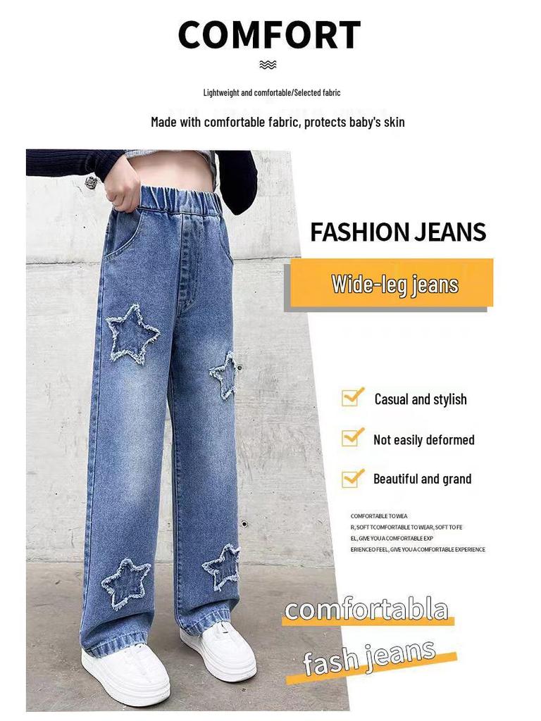 Bestickte Wide-Leg Jeans für Mädchen für Frühling & Herbst - Gerader & Lockerer Schnitt für Kleine & Ältere Mädchen