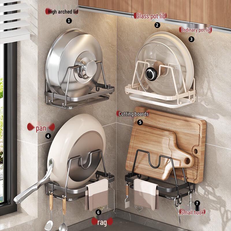 Xiyao No-Drill Wall-Mounted Kitchen Organizer Rack with Pot Lid and Chopping Board Holder