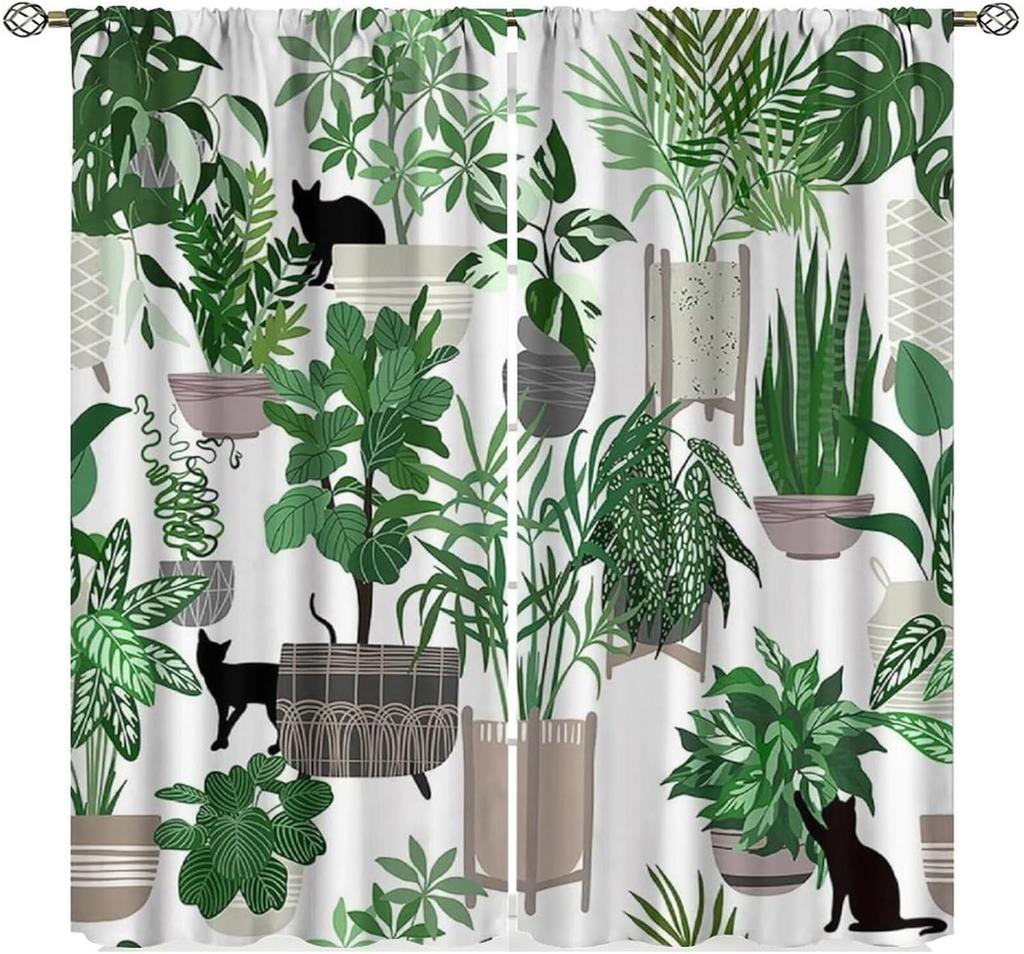 Plants Curtains, Boho Potted Green Leaves Botanical Aesthetic Garden Cartoon Animal Window Drapes for Living Room Kitchen