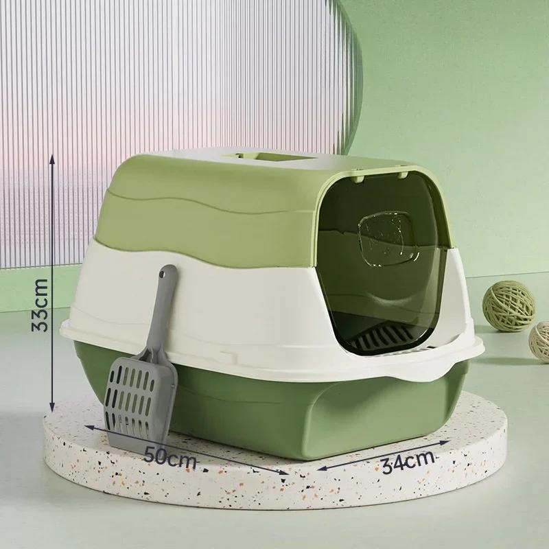 

Plastic Fully Enclosed Cat Litter Box - Large Capacity Pet Toilet, Anti-Spill Sand-Leakage Sandbox Sanitary Tray & Cat Bedpans 50x34x33cm зелений