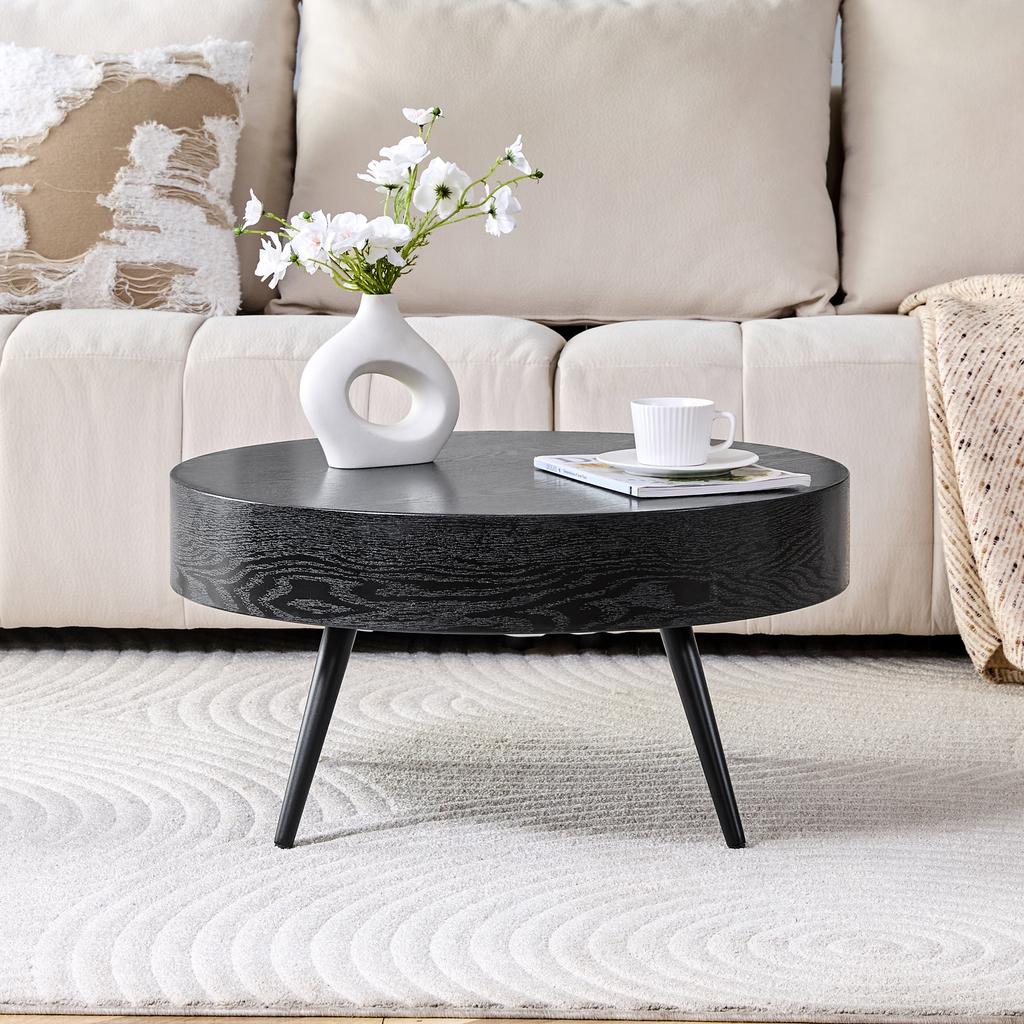 Tavolino da Caffè Rotondo con Diametro 70 cm in Legno Nero (MDF) & Gambe in Metallo Nero. Design Minimalista, Ideale per Soggiorno e Spazi Piccoli.