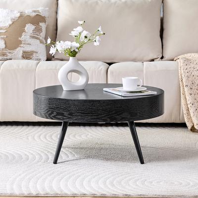 Round Coffee Table with 70 Cm Diameter In Black Wood Look (MDF) & Black Metal Legs. Minimalist Design, Ideal for Living Room and Small Spaces.