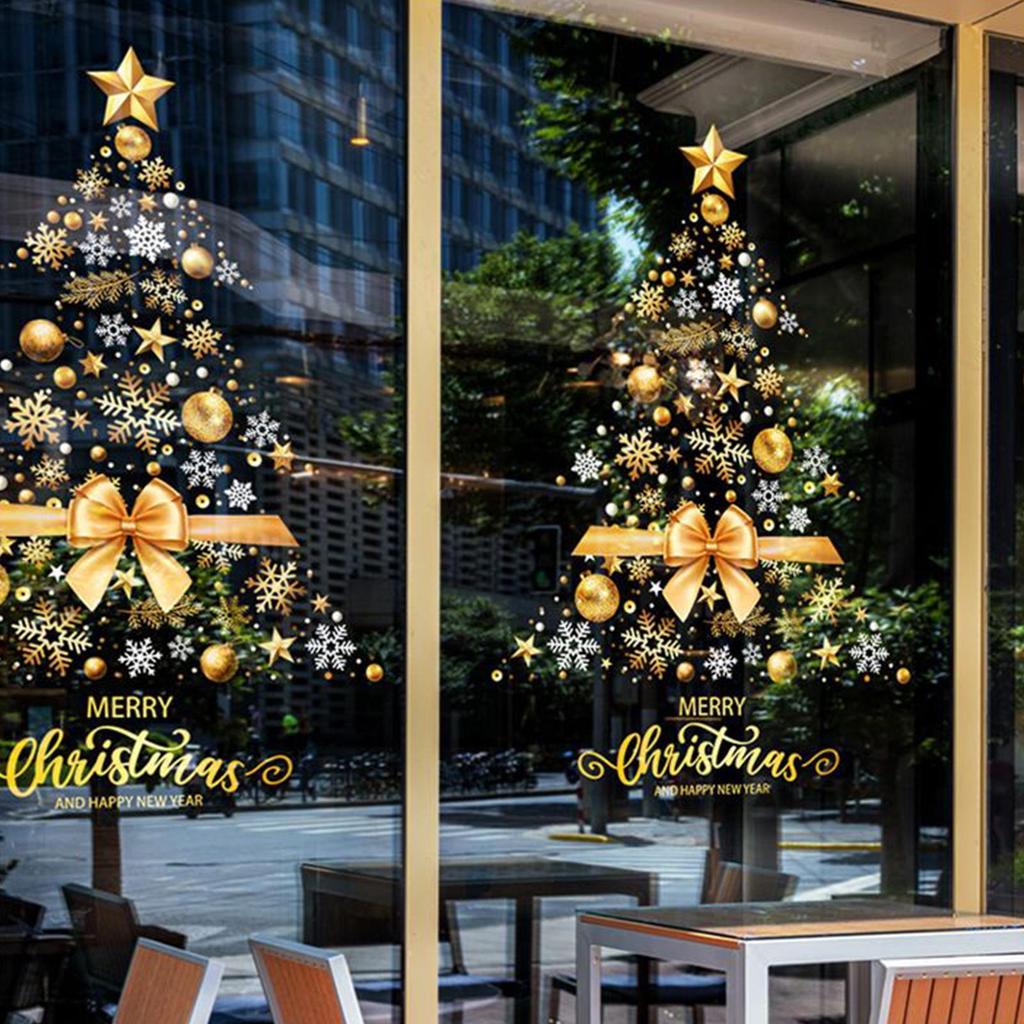 Christmas Window Stickers Large Static DIY Film Removable Golden Christmas Tree Window Decal for Wall Door Mirror Home Workplace