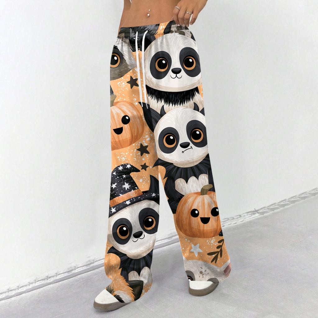 Women's Halloween Print Loose Fit Drawstring Waist Wide Leg Pants for Casual Daily Wear