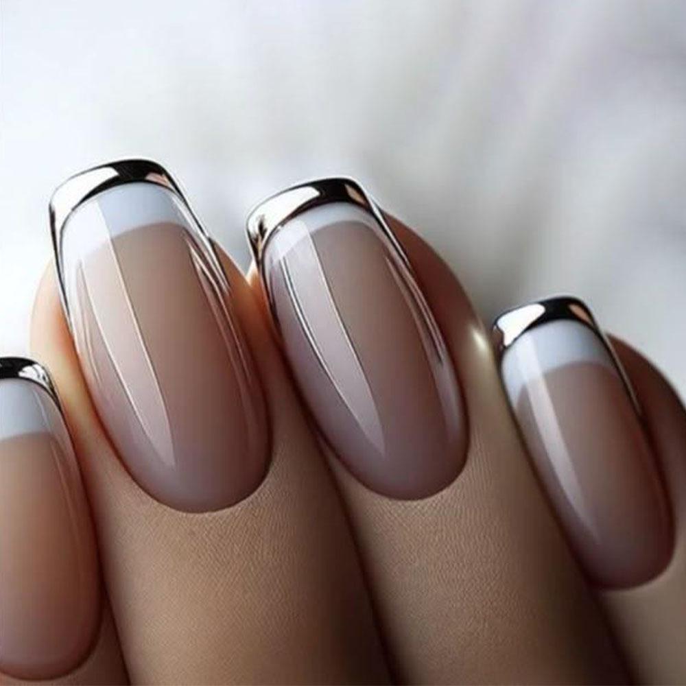 White 3D French Silver Wearable Fake Nails