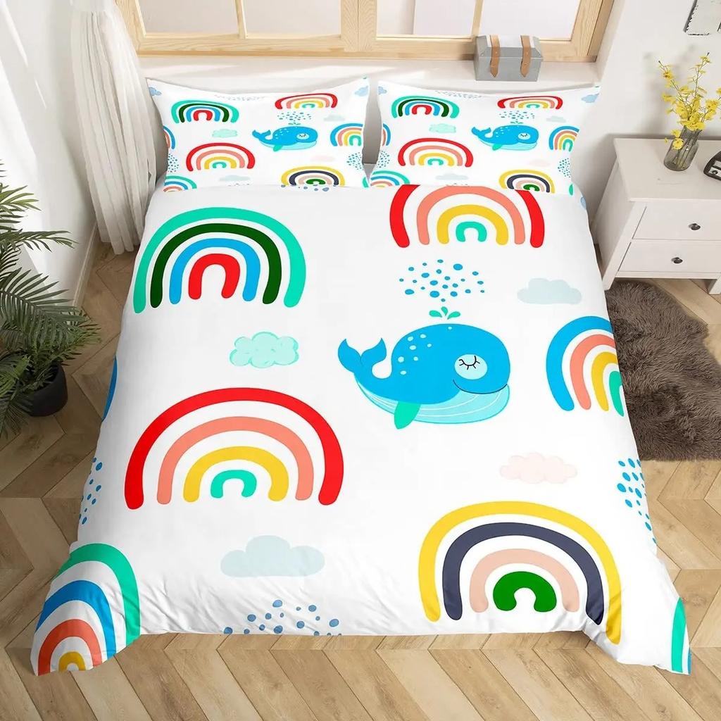 Red Valentine'S Day Rainbow Duvet Cover Twin Size,Cartoon Love Heart Bedding Set For Girls Women Moon Leaves Comforter Cover