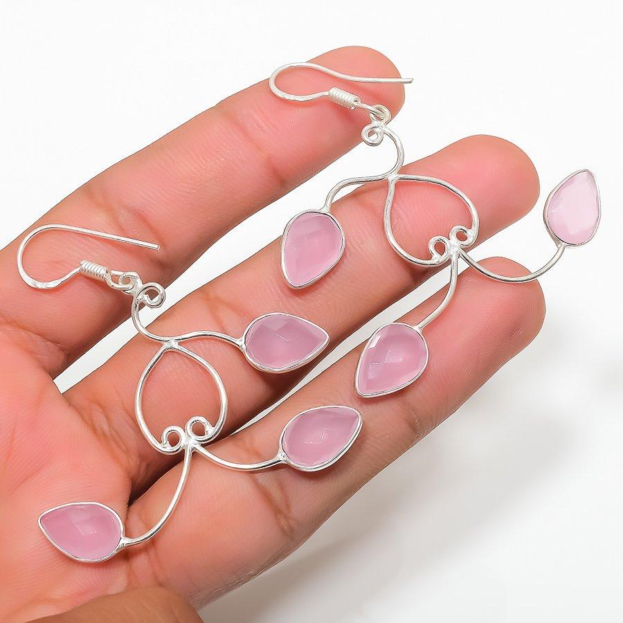 Rose Quartz Gemstone Handmade 925 Sterling Silver Jewelry Earring 2.25" GK-1031