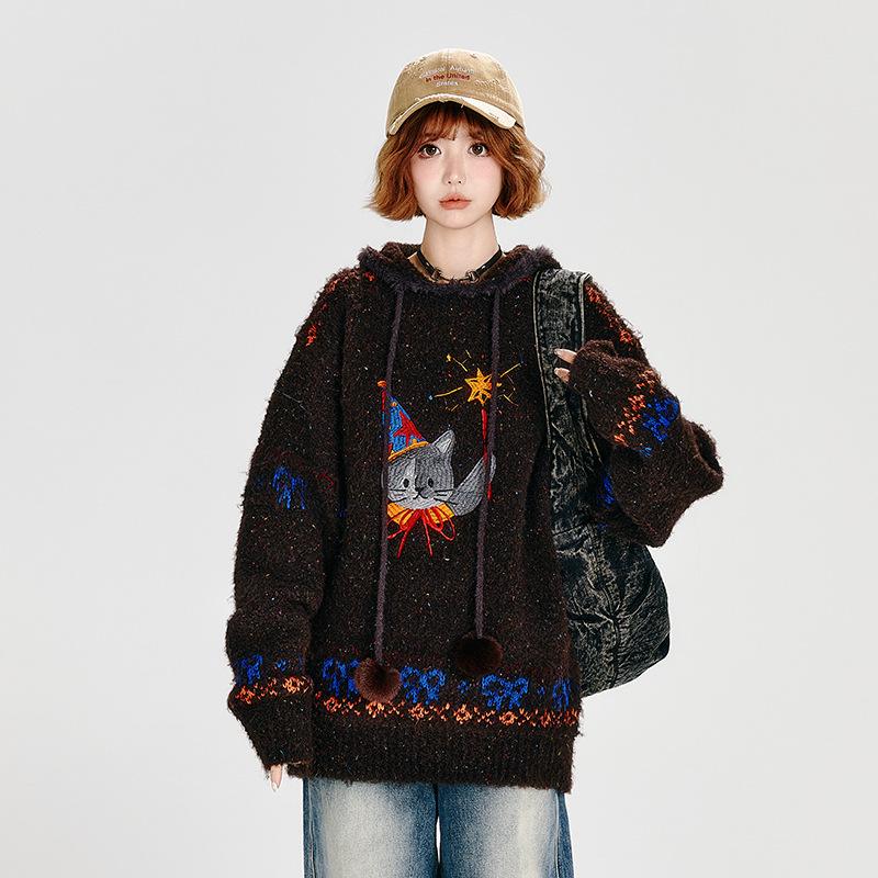 

American Retro Embroidered Women s Hooded Sweater - Autumn/Winter Style, Thick & Loose Fit Large колір темно кави