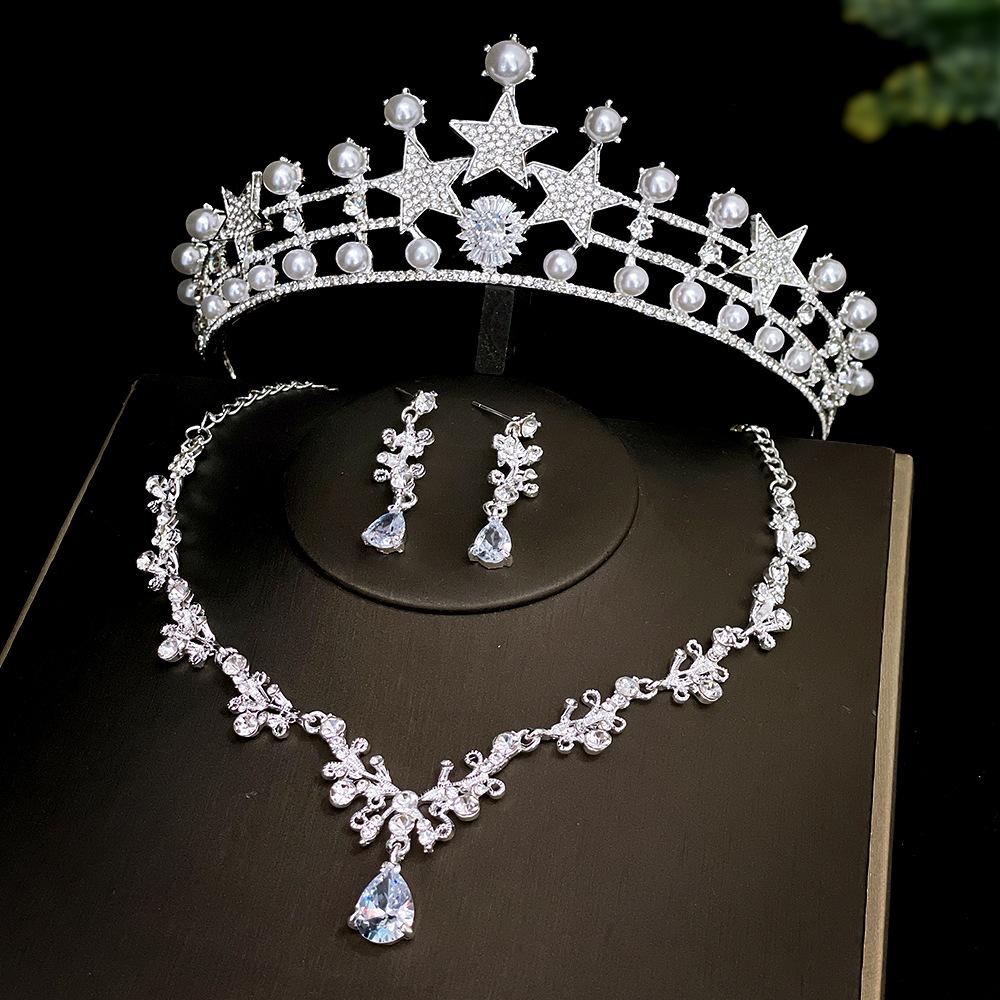 Crystal Grand and High End Wedding Necklace Crown Headwear Bride's Three Piece Set  Korean Style Fairy Beauty Wedding Dress Accessories  Silver