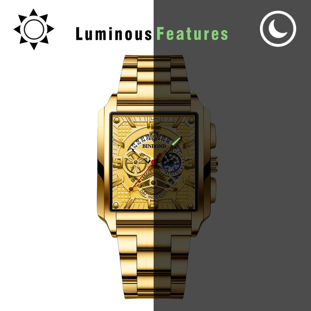 Square Watch with 3ATM Water Stainless Steel Analog Quartz Simple and Stylish Business Watch A Great Gift for and Day Men's Calendar, Gold