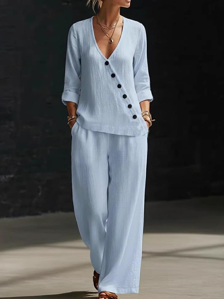 

2026 Spring/Summer Women s Minimalist V-neck Asymmetrical Button Shirt & Wide-leg Pants Set Extra Extra Large (XXL) светло-синий
