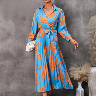 Women's Fashion Autumn Winter Floral Print Long Sleeve V-Neck Casual Dresses