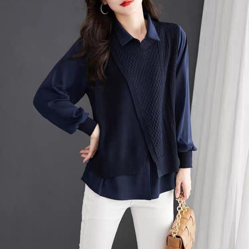 Shirt for Women Oversize Cotton Loose Blouse Fake Two Pieces Casual Long Sleeve Pullover Turn Down Collar Shirt Top