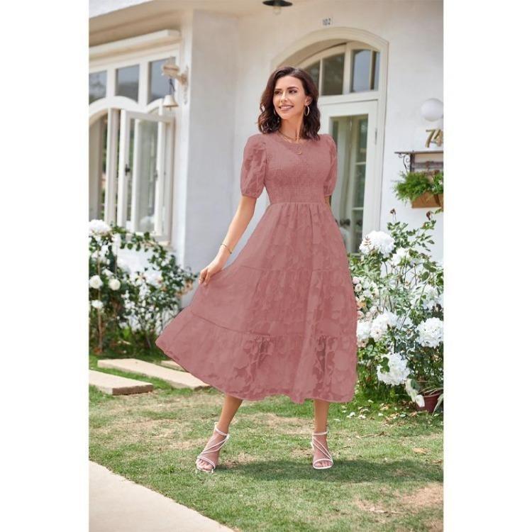 

Women Floral Summer Dress Casual Loose Round Neck Short Sleeve Fashion Female Dresses S темно-розовый