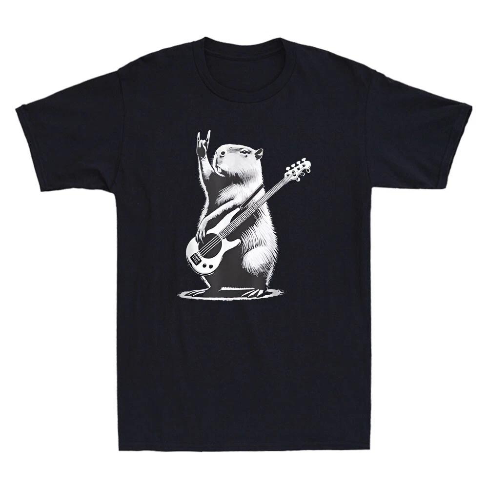 Capybara Rock Music Funny Capybara Playing Guitar Graphic Vintage Men s T-Shirt L