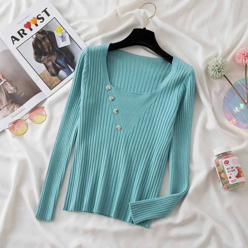 

2024 Новый квадратный воротник вязаный свитер женский облегающий осенний модный повседневный свитер с длинным рукавом на пуговицах базовый пуловер женские свитера одежда 2175 One Size зелёный