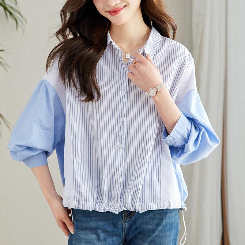 

Long-sleeved Shirt Women s Splicing Vertical Strip Shirt Women s Commuter Korean Version Loose Striped Top M