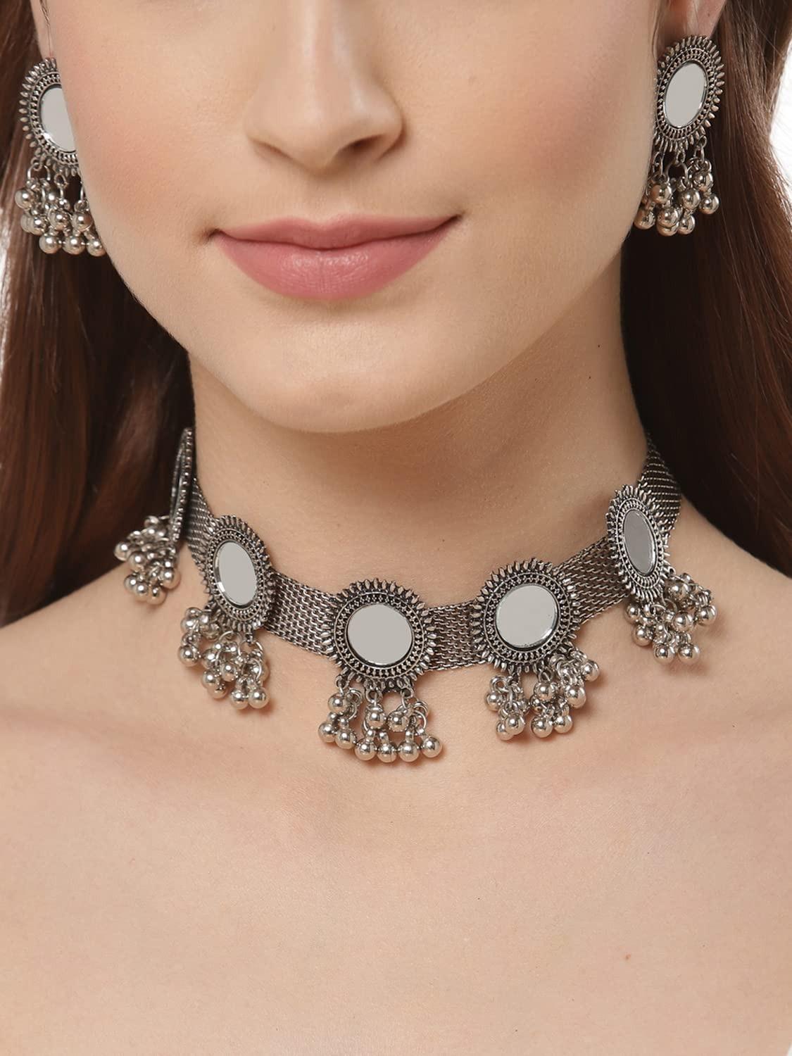 

Latest Stylish Fancy Oxidised Silver Tribal Choker Necklace Jewellery Set for Women Onesize