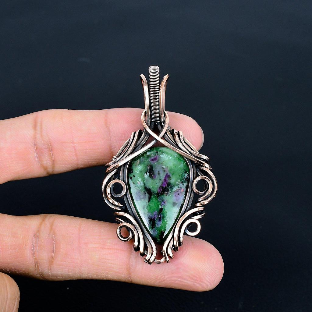 Ruby Zoisite Pendant Gemstone Jewelry, 999 Copper Wire Wrapped Handmade Pendant, Latest Design Jewelry