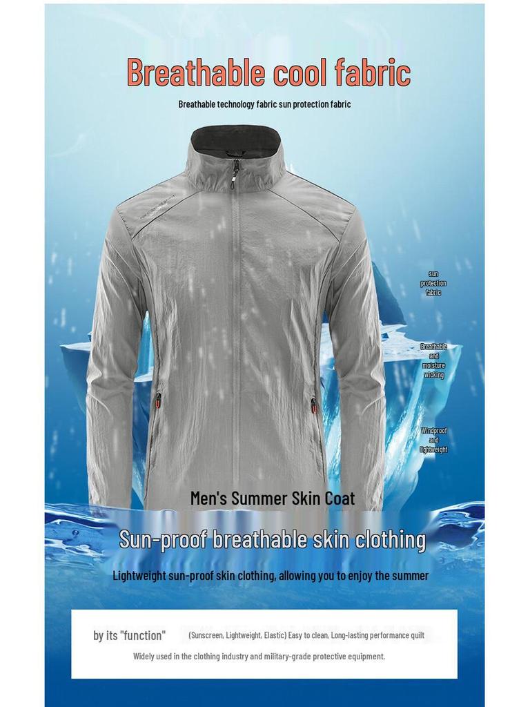 Men's Lightweight Summer Sun Protection Jacket with Stand-up Collar - Breathable, Thin Skin Coat for Outdoor Sports