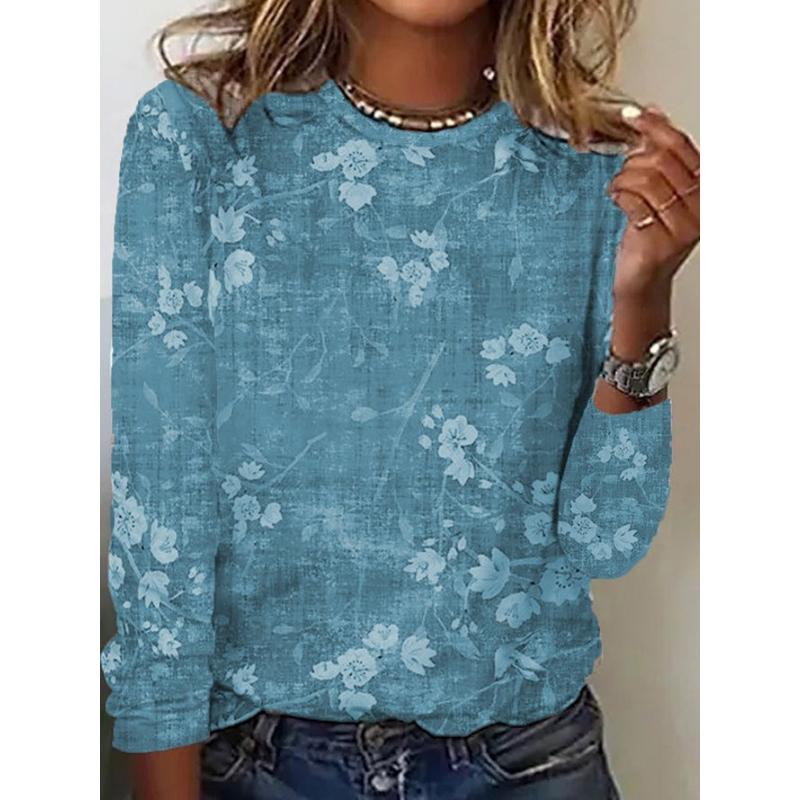 

Новые футболки с длинным рукавом и принтом на весну и осень в Европе, свитшоты-пуловеры с круглым вырезом для женщин S синий