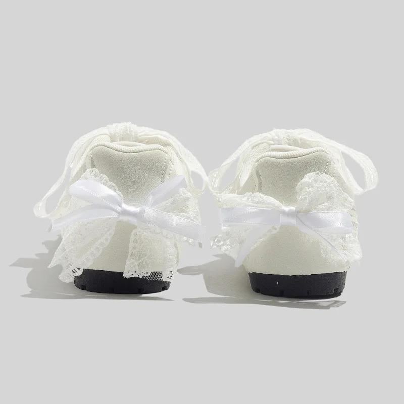 Elegant Lace Butterfly Knot Milk White Flat Bottom Women's Shoes Spring New Style Versatile T-strap Flats Casual Shoes