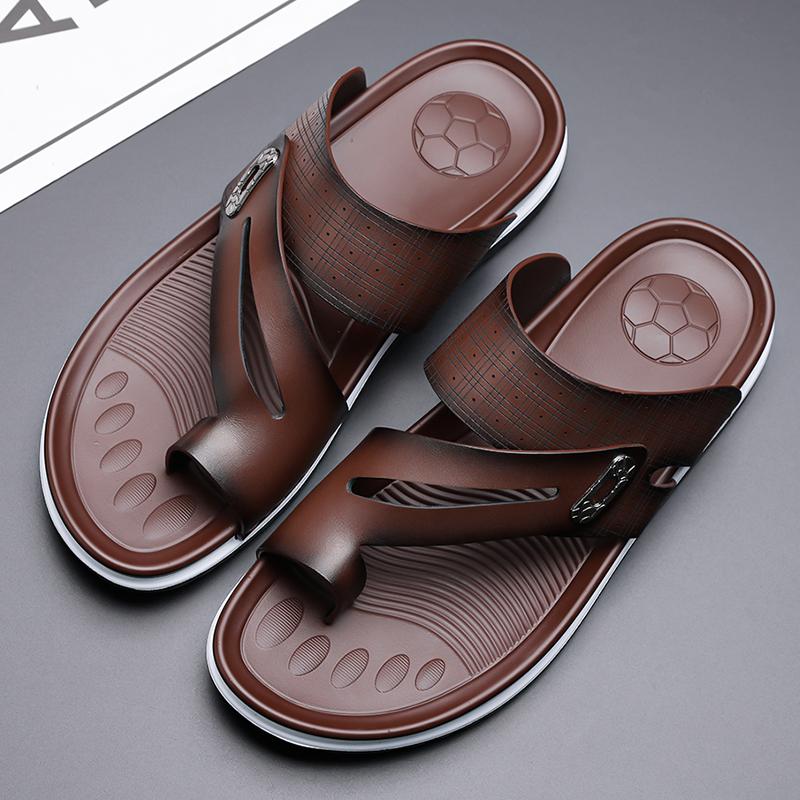 Men Flats Slippers Summer Brown Wide Head Roman Sandals Retro Flip Flops Black Leather Beach Shoes Plus Size