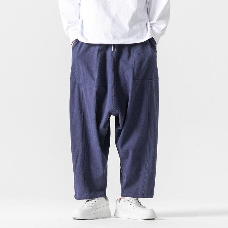 2024 Autumn/Winter Men's Cotton Linen Harem Pants - Chinese Style Patchwork, Casual Wide-Leg