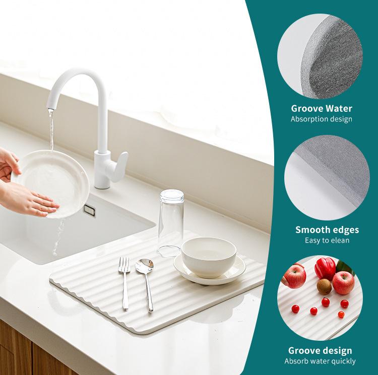 Diatomite Kitchen Drying Mat Fast Absorbent Hard Pad For Sink Countertop Drain Rack Sponge Holder Drying Tray Organizer