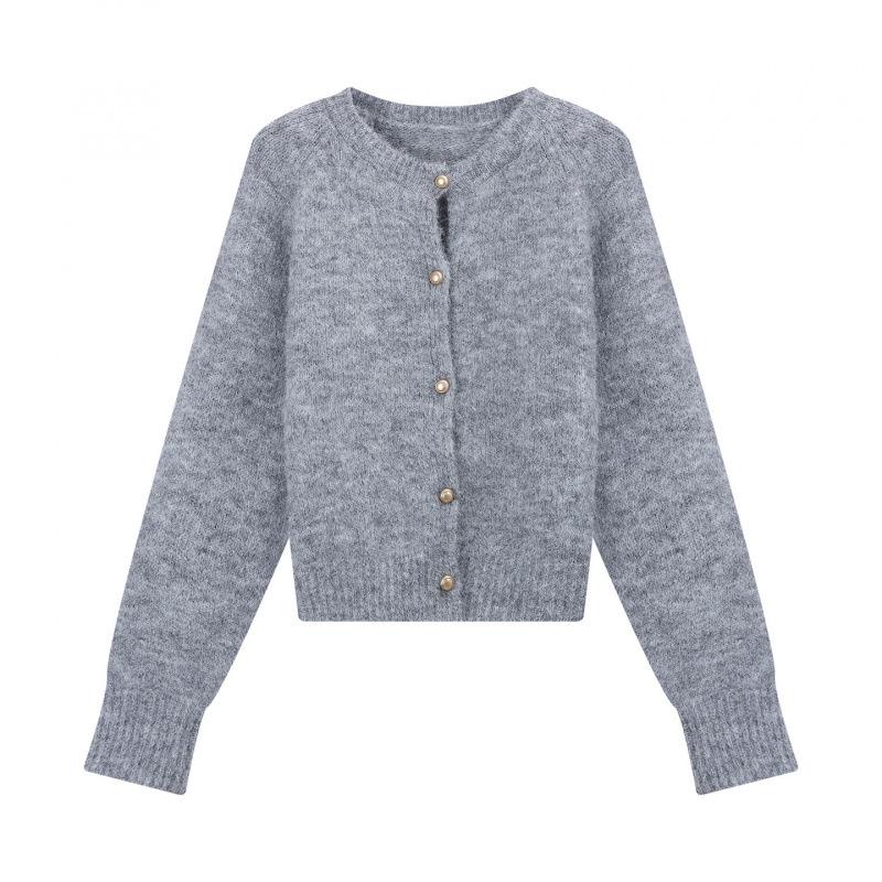 2025 Autumn/Winter Korean Style Soft & Fluffy Knit Cardigan with Gold Buckle and Round Neck for Women