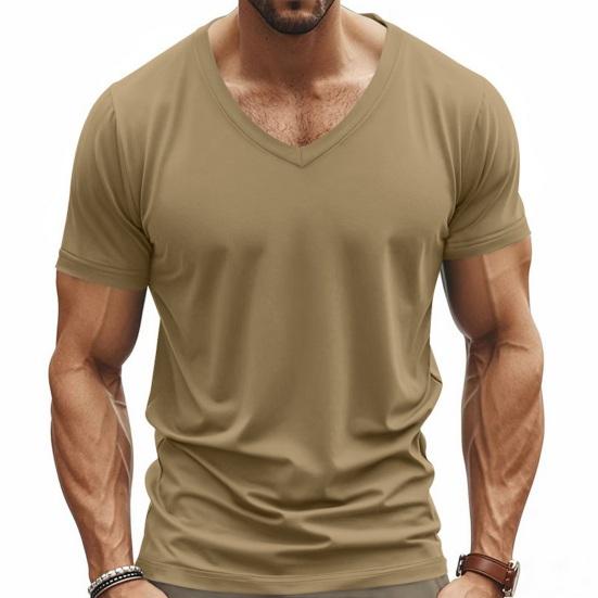 Men Summer T-shirt Short Sleeves V Neck Solid Color Quick-drying Loose Pullover Mid Length Top for Sport Office Dating