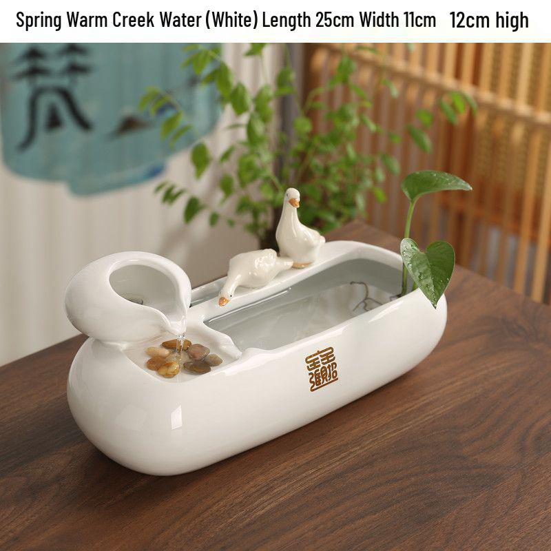 Ceramic Desktop Fish Tank with Automatic Water Circulator and Lucky Cat Ornament