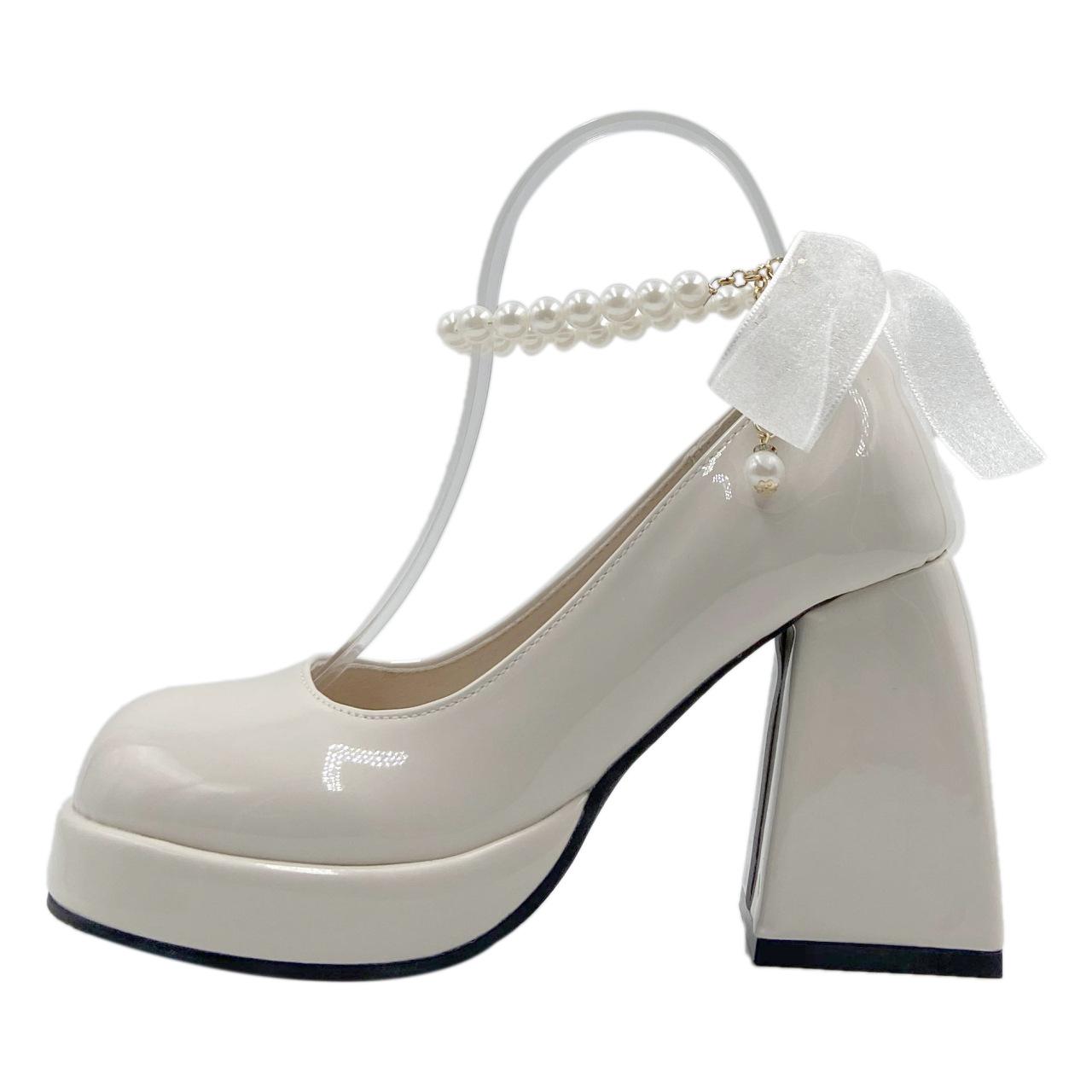 

Fashion French pearl Women s high heels Fashion Mary Jane shoe Bow buckle thick heel shoes Ladies sexy elegant banquet shoes Mujer De 35 бежевый