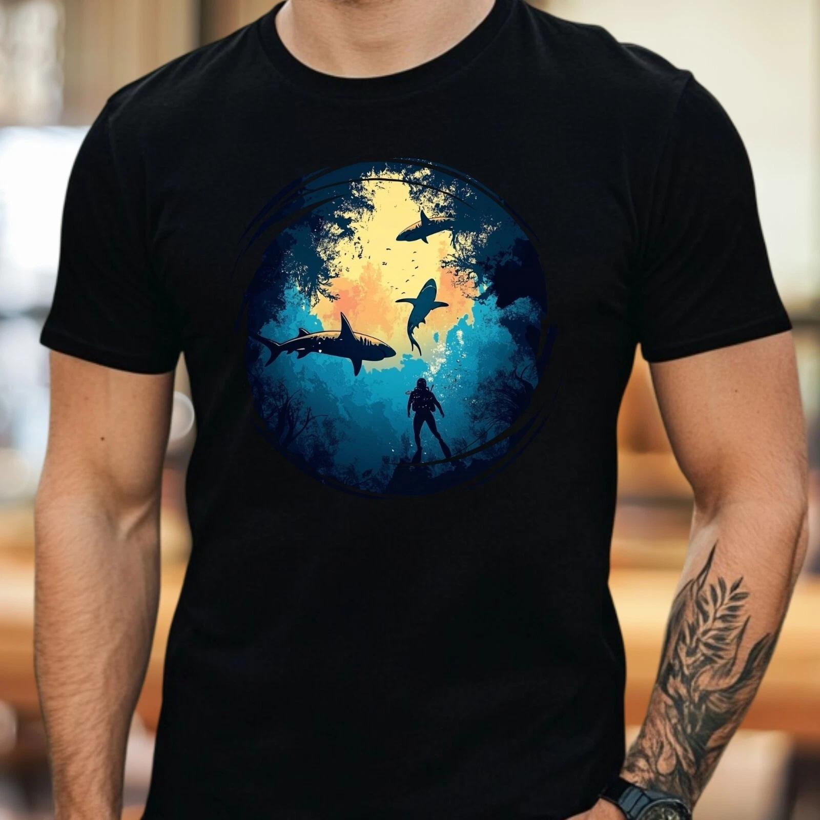 T-Shirt Herren Tauchen mit Haien Motiv Baumwolle Größe S bis 5XL S