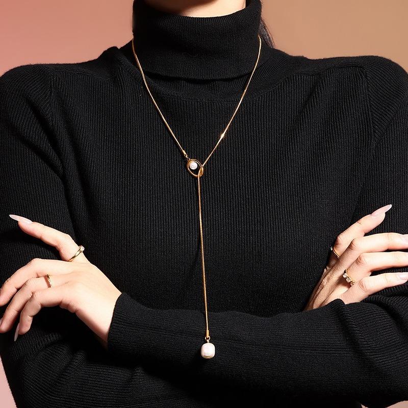French Style Imitation Pearl Long Adjustable Pull Sweater Necklace Stainless Steel Luxury Jewelry For Women