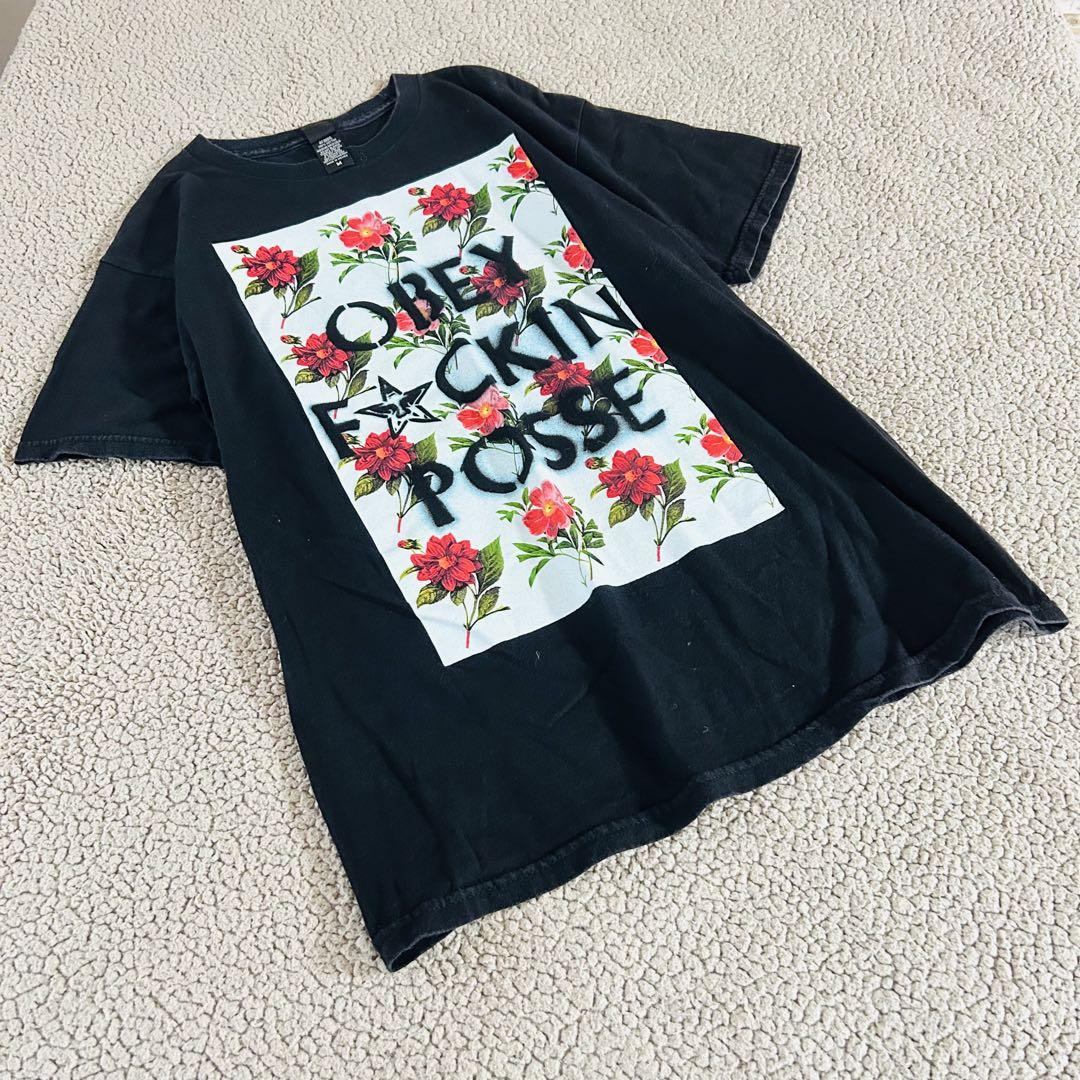 

[USED] Vintage Obey Men s Short Sleeve T-Shirt, Size M, Black, Cotton, Floral Motif