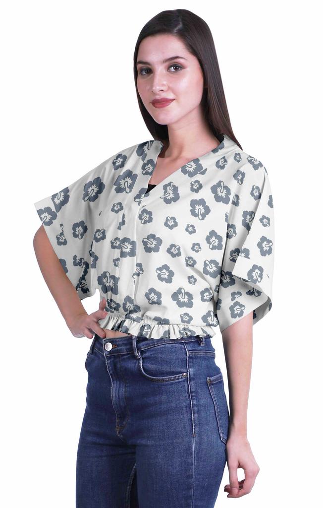 Moomaya Printed Boxy Sleeve Tops For Women V-Neck Elastic WaistA  Kimono Top