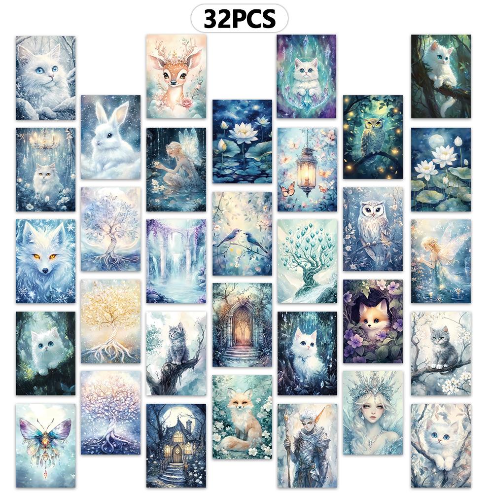 32pcs, white cat postcards, wall stickers, mailing cards, greeting cards, DIY postcards, souvenir postcards, decorative items